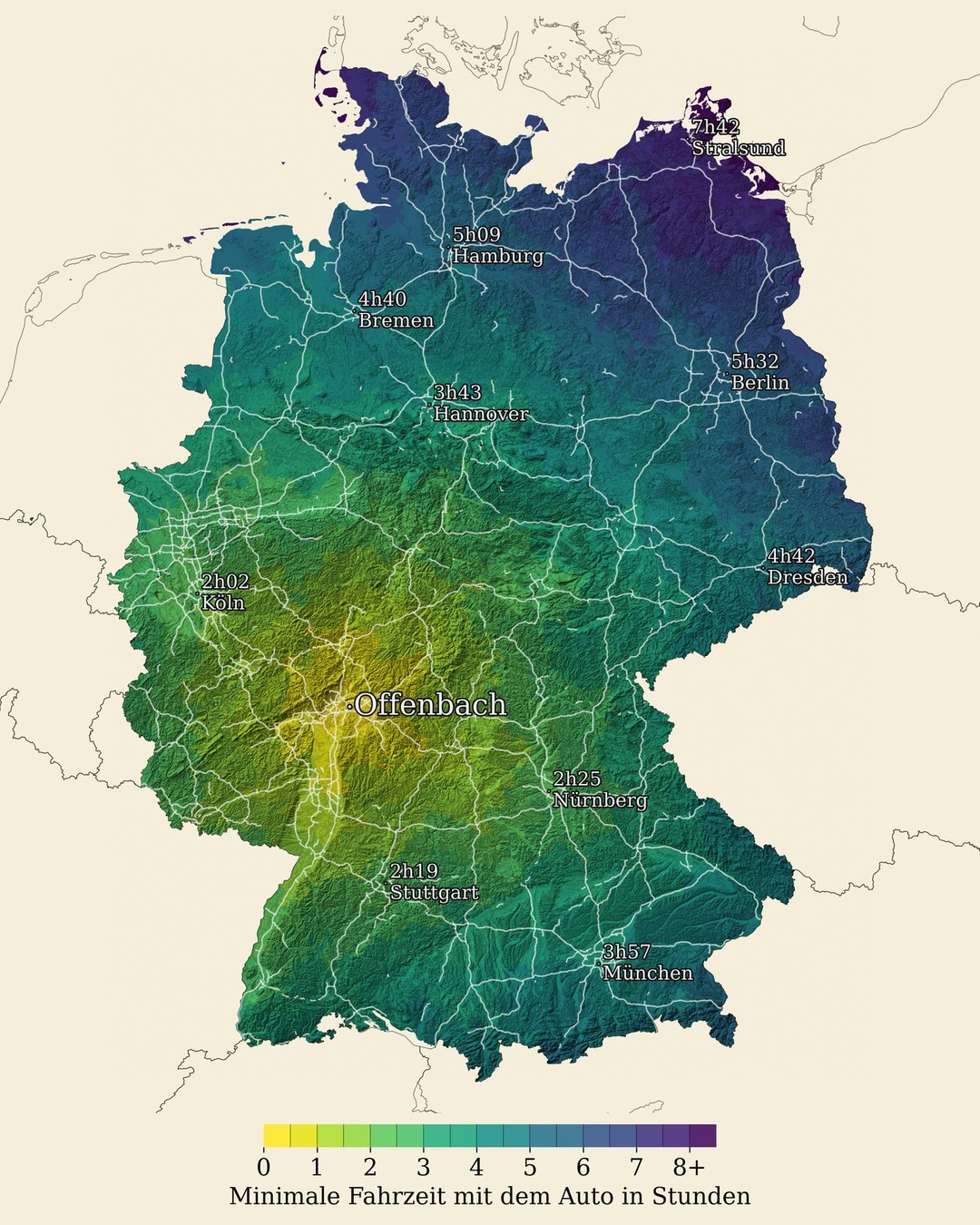 Isochrone map showing car travel times from Offenbach